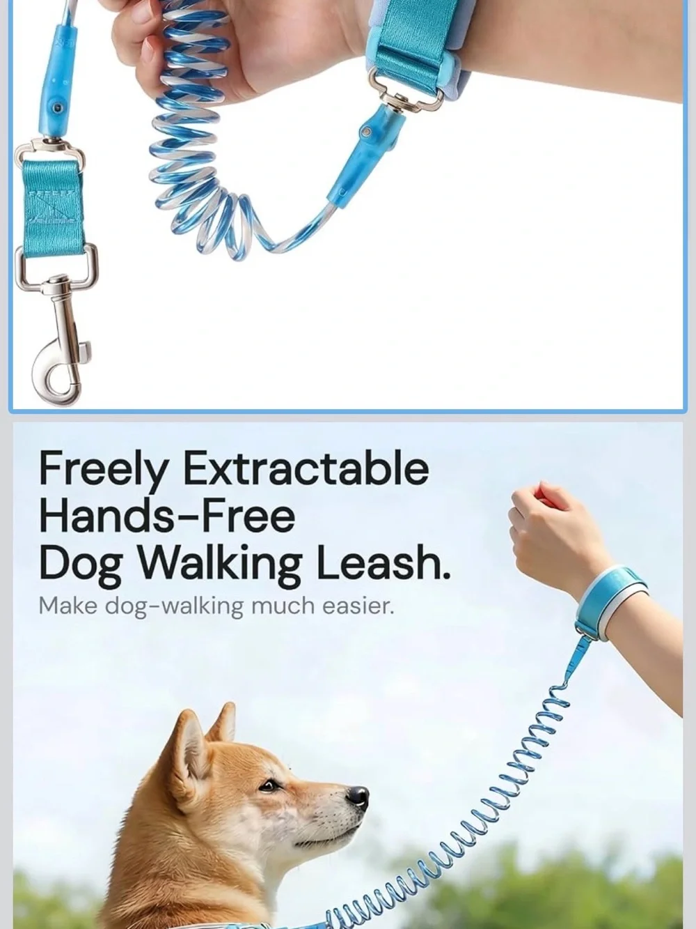 Amazon Blue Hands-Free Coiled Retractable Dog Leash with Padded Wrist Cuff